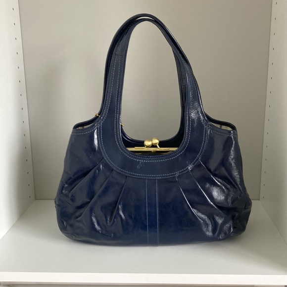 Coach Patent Navy Pleated Framed Satchel - Picture 3 of 10